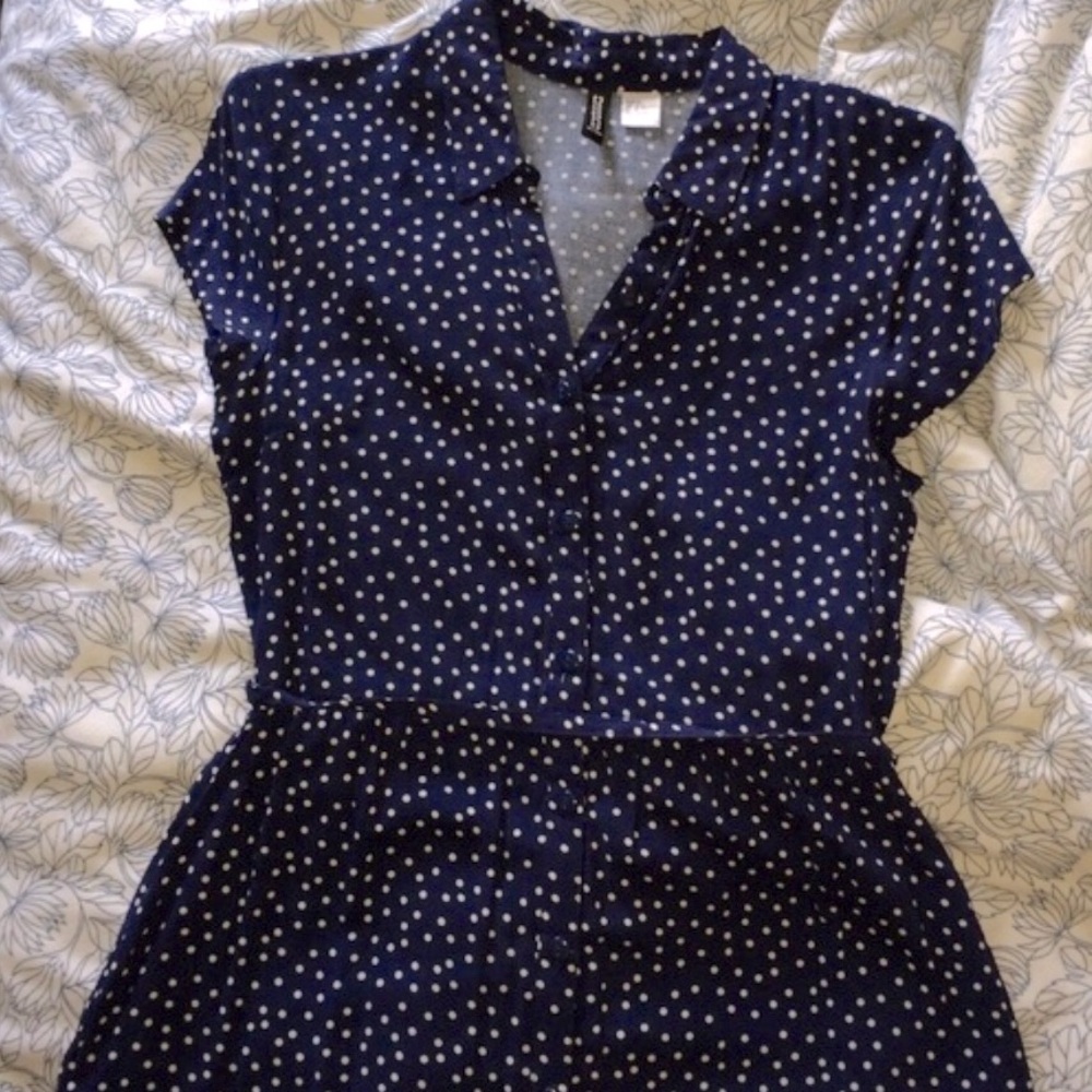 H&M navy polka dot button down shirt dress, size 8